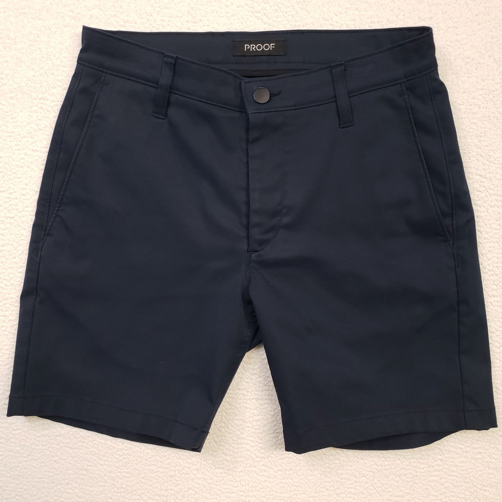 Proof Nomad Shorts Men 28 Navy Blue Flat Front Technical Performance 7" Inseam
